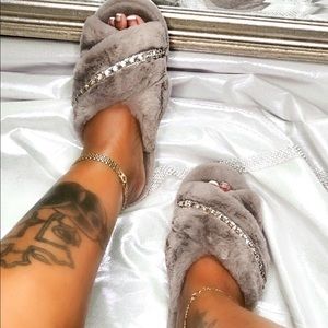 Faux Fur Slippers | Taupe